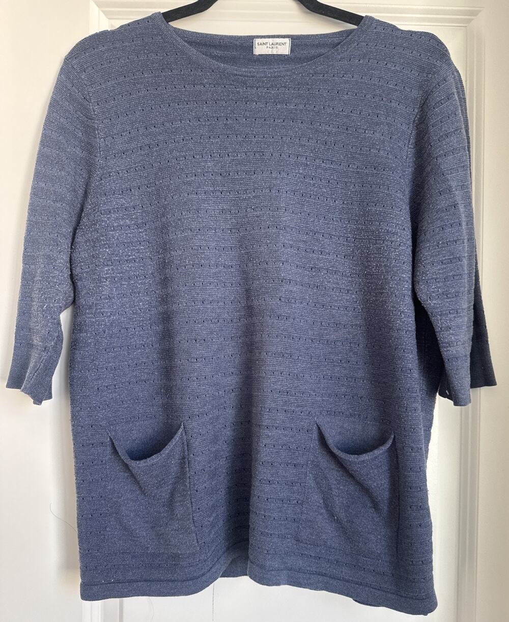 Saint Laurent Paris 2014 Blue Open Knit Short Sleeve Pocket Top Italy AS IS Read